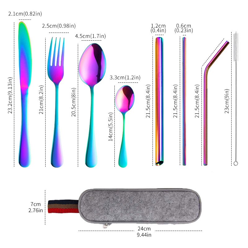 Travel Dinnerware 9PCS Portable Cutlery Camping Dinner Sets Stainless Steel Tableware Rainbow With Straw Kit Brush Chopstick Bag