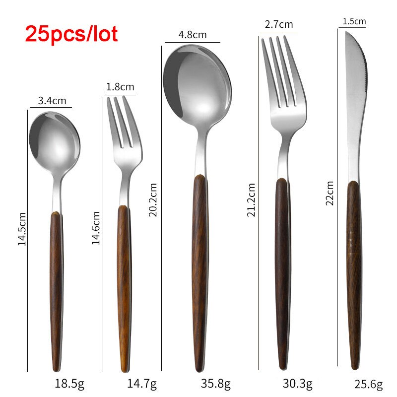 Western Dinnerware Set Glossy Silver Wood Handle 304 Stainless Steel 25Pcs Steak Table Knife Fork Spoon Dessert Fork Cutlery Set