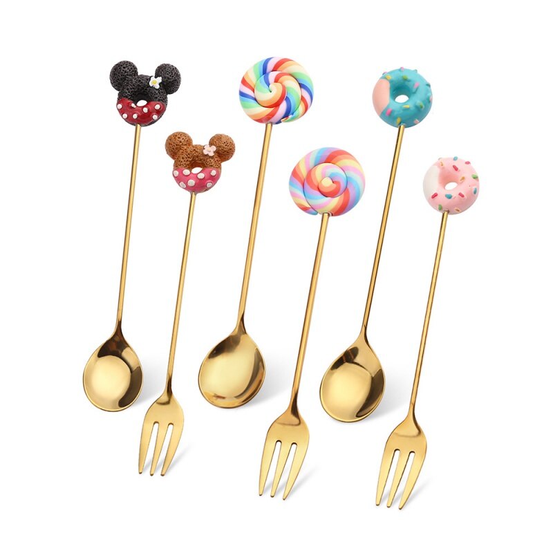 Donut Lollipop Fork Spoon Stainless Steel Cake Dessert Food Fruit Forks Coffee Stirring Spoon Kid Cutlery Dinnerware Accessories