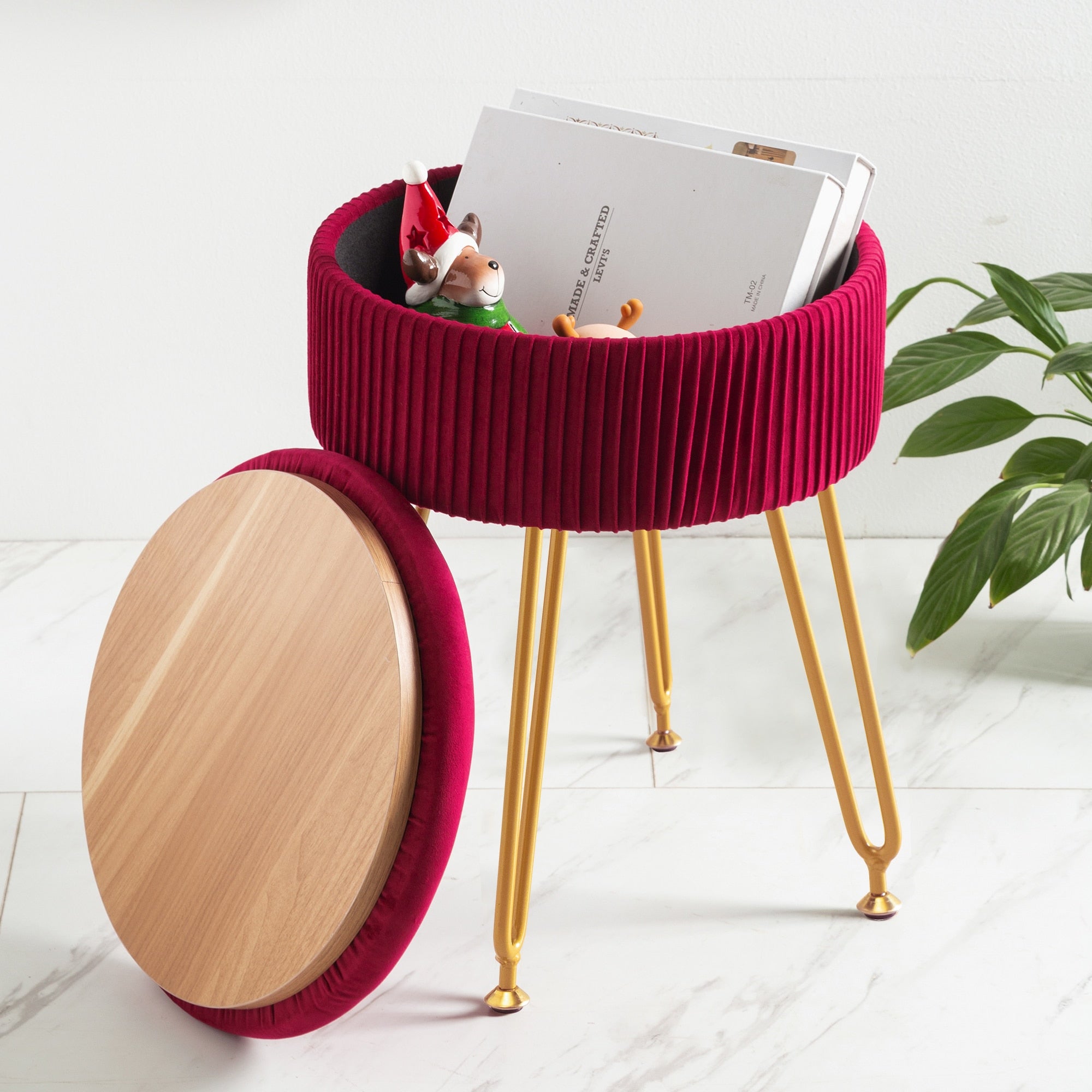 Rose Red Velvet Storage Ottoman Stool Round Footrest Vanity Stool with Metal Legs Suitable for Living Room and Bedroom