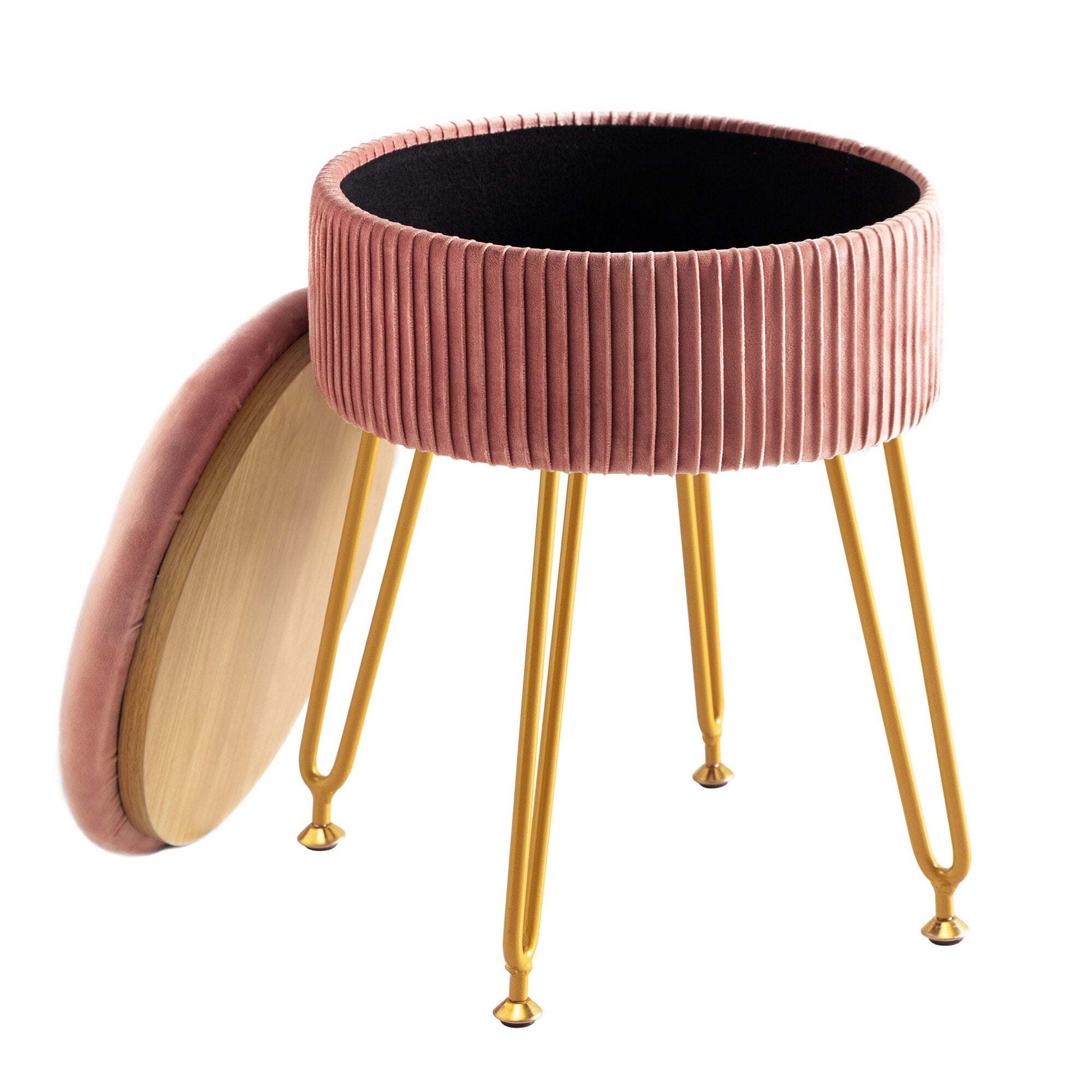 Pink Velvet Storage Ottoman Stool Round Footrest Vanity Stool with Metal Legs Suitable for Living Room and Bedroom