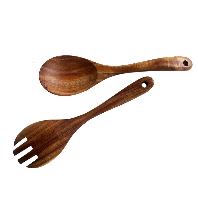 1/2Pcs Wooden Spoon Salad Fork Spoon Set Wood Kitchen Accessories Utensils Long Handle Soup Spoon Ladle Server Tableware