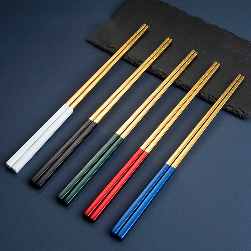 5 Pairs/Lot Laser Engraving Chopsticks Alloy Stainless Steel Squared Edge Non-Slip Reusable Sushi Sticks Handmade Gift Pack