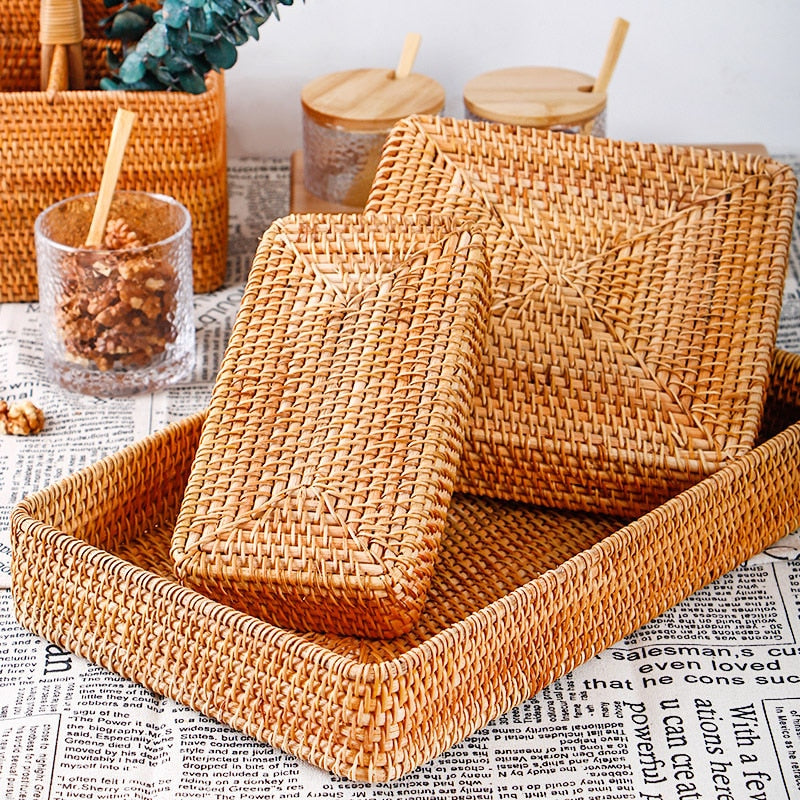 Rattan Woven Storage Fruit Basket Wicker Baskets Storage Tray Bread Fruit Food Display Box Handicrafts Organizer Home Decoration