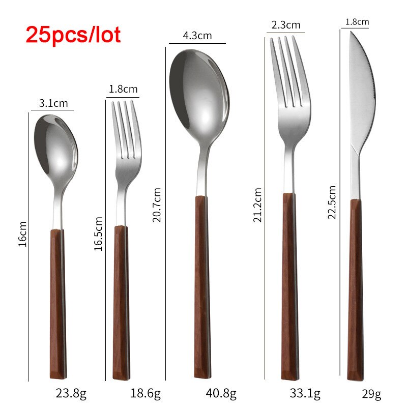 Western Dinnerware Set Glossy Silver Wood Handle 304 Stainless Steel 25Pcs Steak Table Knife Fork Spoon Dessert Fork Cutlery Set