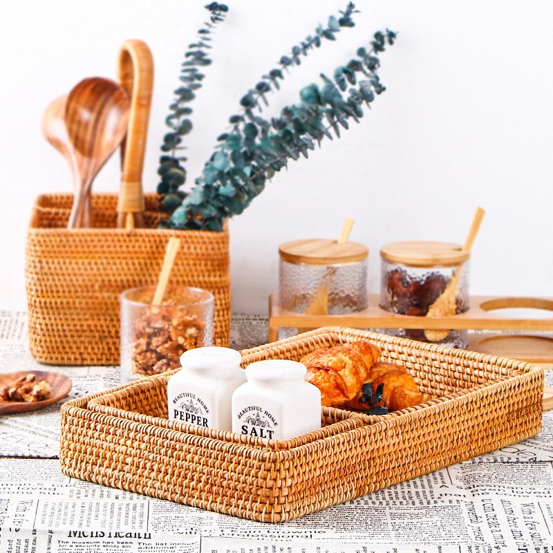 Rattan Woven Storage Fruit Basket Wicker Baskets Storage Tray Bread Fruit Food Display Box Handicrafts Organizer Home Decoration