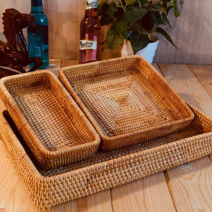 Rattan Woven Storage Fruit Basket Wicker Baskets Storage Tray Bread Fruit Food Display Box Handicrafts Organizer Home Decoration