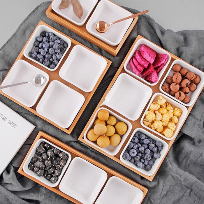 Creative Ceramic Bamboo Dry Fruit Dessert Tray Multi Grid Plate Home Snack Storage Tray Candy Dried Fruit Foods Dessert Tea Dish