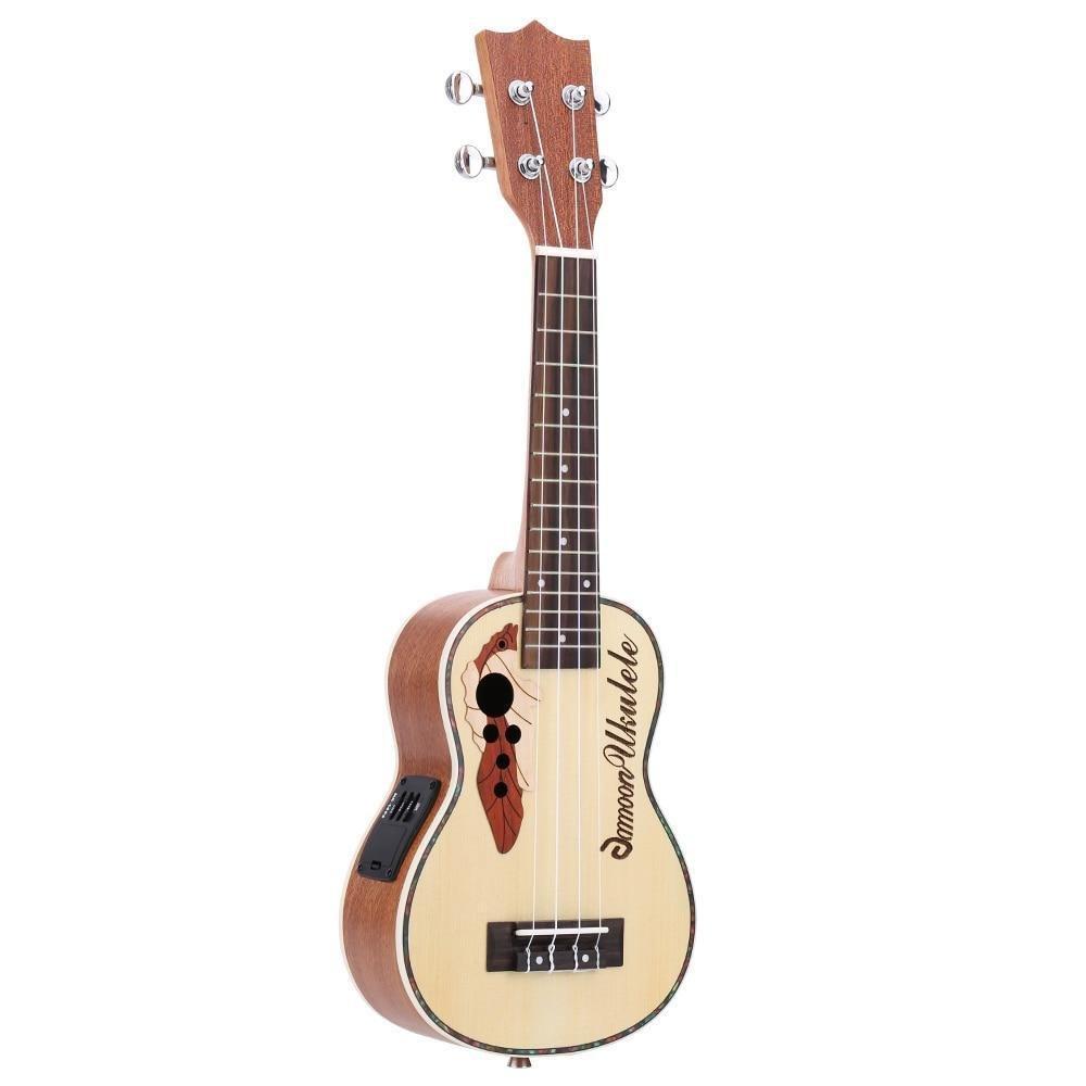 Acoustic Ukulele Spruce 21" Ukulele15 Fret 4 Strings Guitar Mini with Built-in EQ Pickup Stringed Musical Instrument - AKLOT