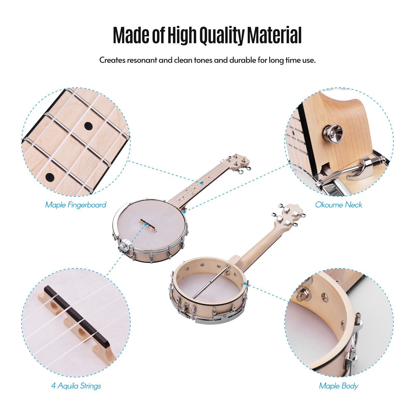 ammoon Concert 23 Inch Open-back Banjo Uke 4 String Banjolele Maple Body Okoume Neck with Tuning Wrench Bridge Positioning Ruler - AKLOT