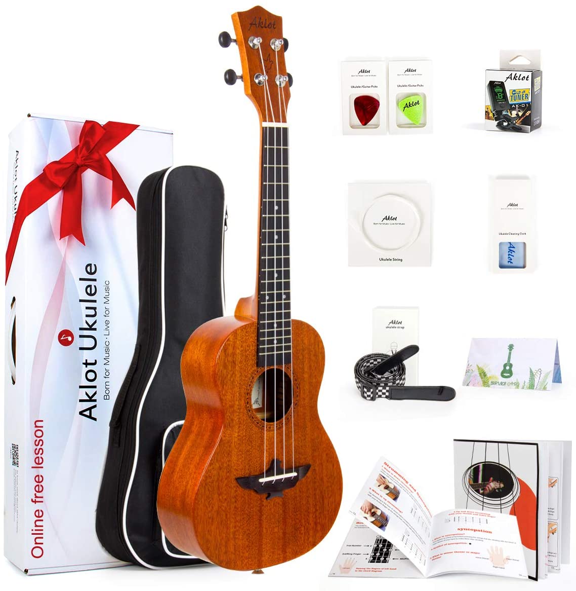 Concert Ukulele 23 Inch Solid Mahogany Uke For Professional Player With Ukelele Beginner Kit ( Gig Bag, Picks, Tuner, Strap, String, Cleaning Cloth, Starter Manual ) - AKLOT