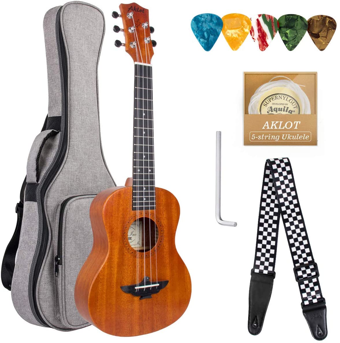 Concert Ukulele 23 Inch Solid Mahogany Uke For Professional Player With Ukelele Beginner Kit ( Gig Bag, Picks, Tuner, Strap, String, Cleaning Cloth, Starter Manual ) - AKLOT