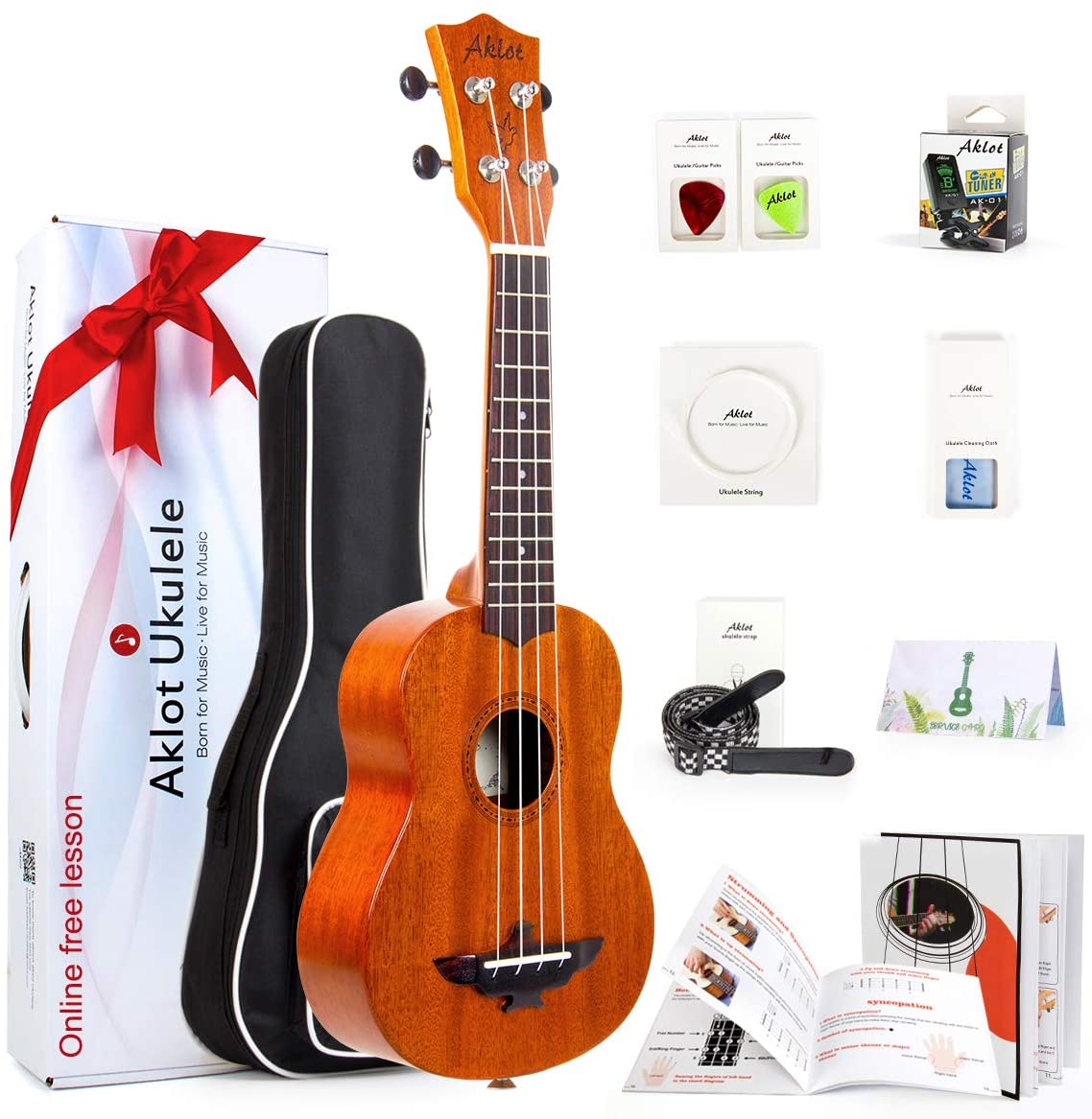 Concert Ukulele 23 Inch Solid Mahogany Uke For Professional Player With Ukelele Beginner Kit ( Gig Bag, Picks, Tuner, Strap, String, Cleaning Cloth, Starter Manual ) - AKLOT