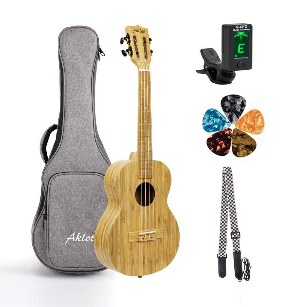 Concert Ukulele Solid Bamboo Professional 23 inch Ukelele With Uke Beginner Bundle Kit (Gig Bag, Strap, Picks, Tuner) - AKLOT