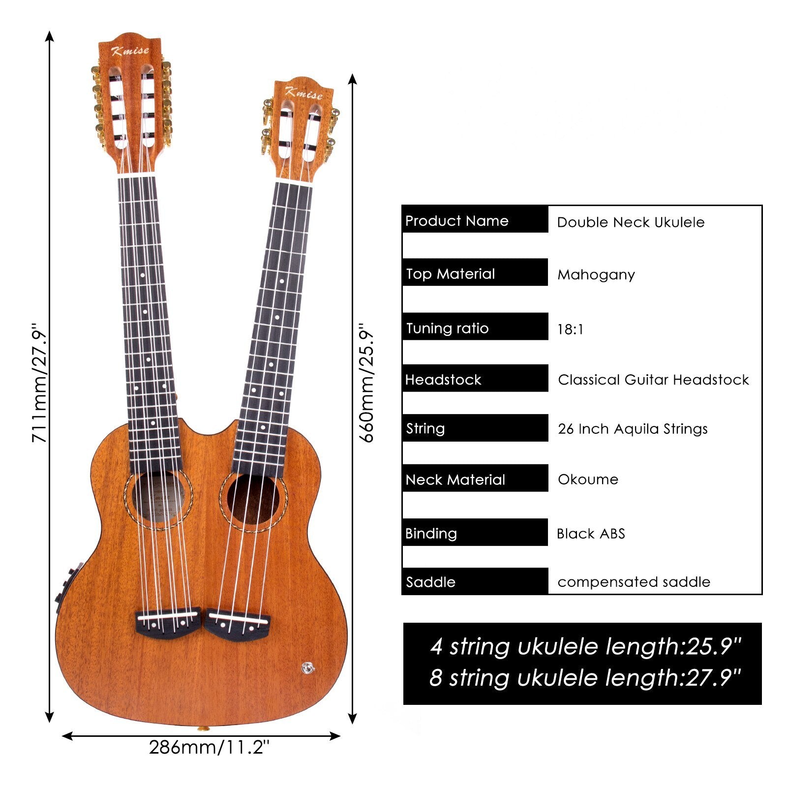 Full Mahogany Double - Headed Ukulele with Case - AKLOT