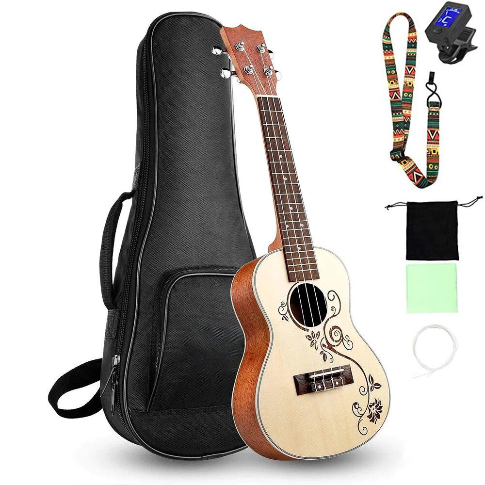 Hricane Concert 23inch Flower Spruce Top Sapele Ukulele Professional Ukulele Starter Guitar Hawaiian Guitar with Gig Bag - AKLOT