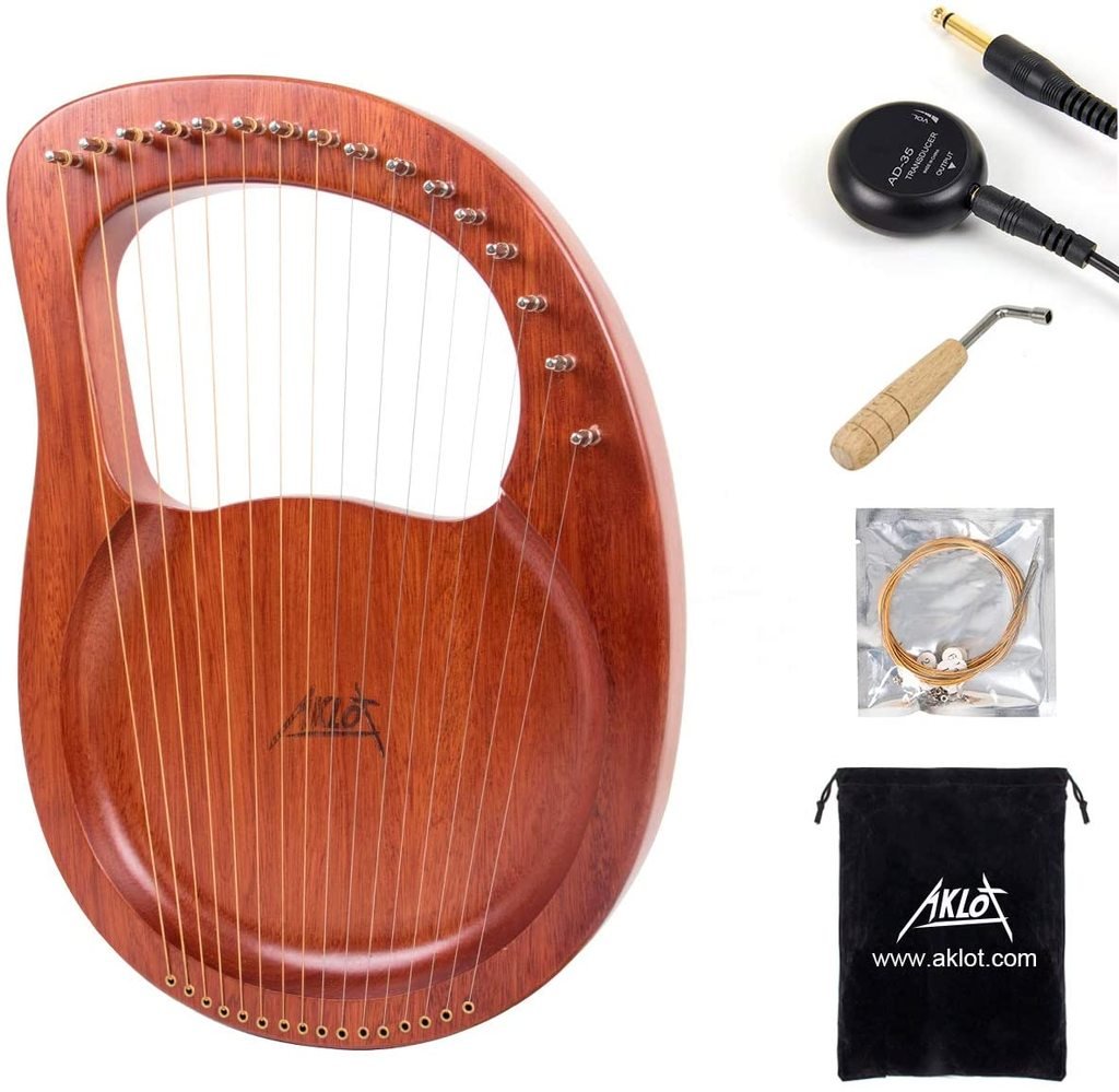 Lyre Harp, AKLOT 16 Metal Strings Mahogany Lye Harp with Tuning Wrench and Black Gig Bag - AKLOT