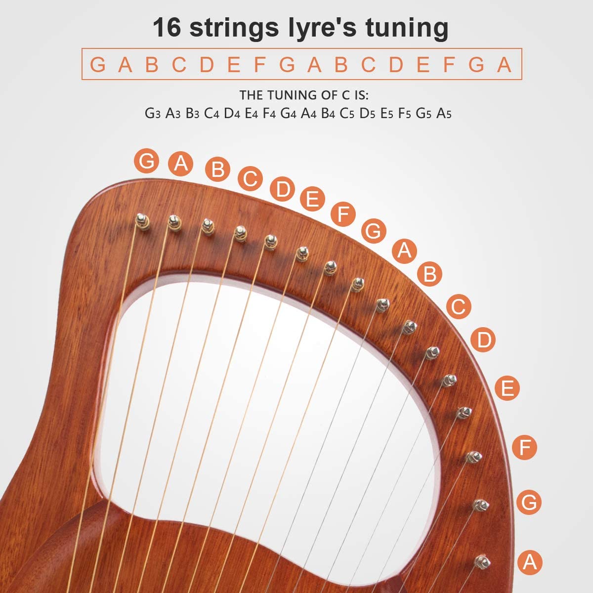 Lyre Harp, AKLOT 16 Metal Strings Mahogany Lye Harp with Tuning Wrench and Black Gig Bag - AKLOT