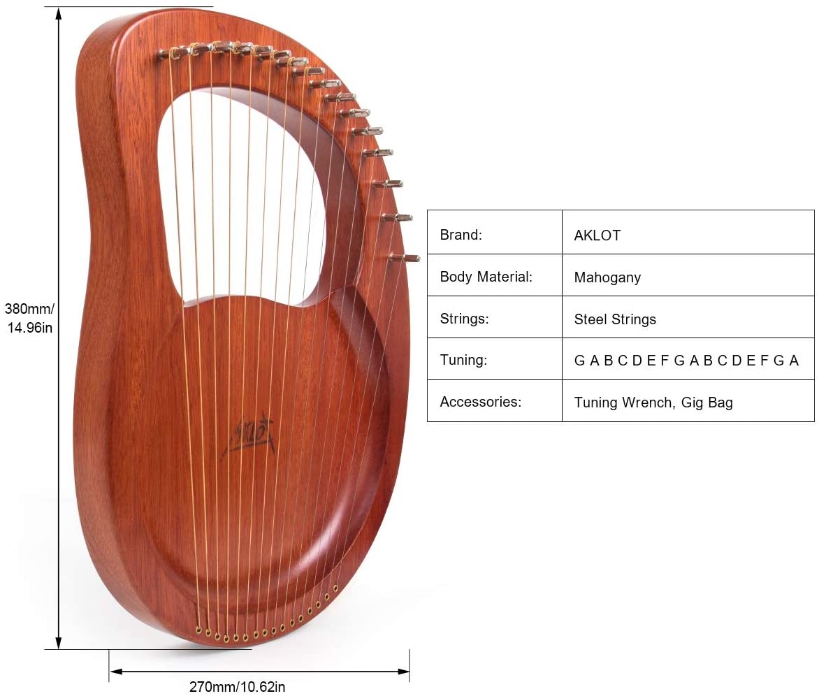 Lyre Harp, AKLOT 16 Metal Strings Mahogany Lye Harp with Tuning Wrench and Black Gig Bag - AKLOT