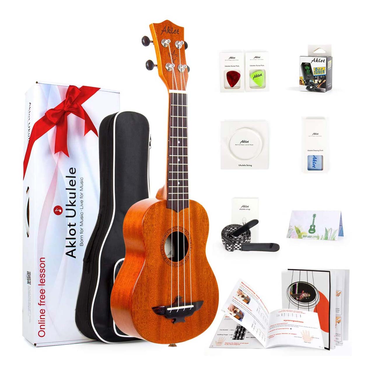 Soprano Ukulele 21 Inch Solid Mahogany Uke For Professional Player With Ukelele Beginner Kit ( Gig Bag, Picks, Tuner, Strap, String, Cleaning Cloth, Starter Manual ) - AKLOT