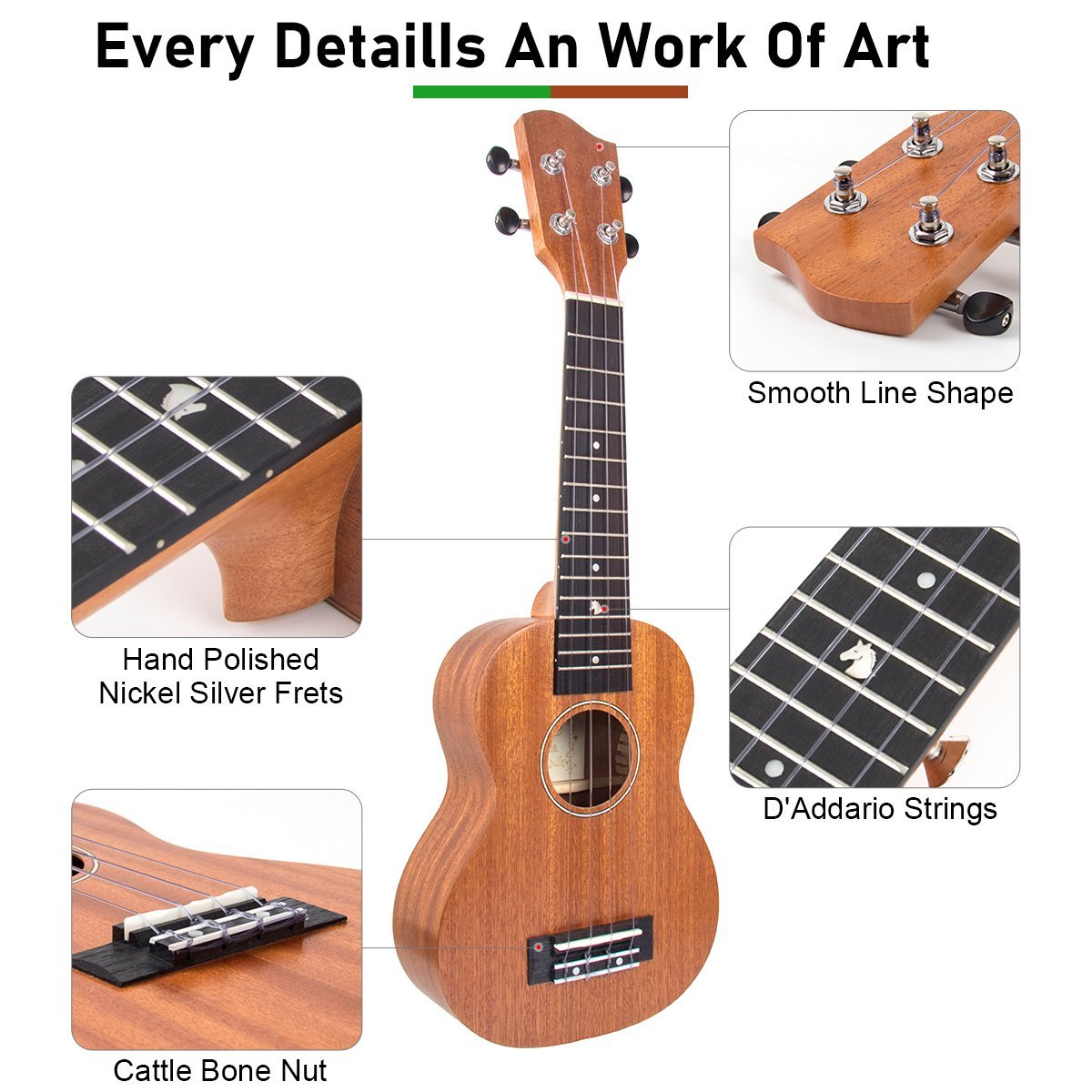 Soprano Ukulele Mahogany 21 inch Ukelele for Beginer with Gig Bag Tuner Strap String Capo Picks - AKLOT