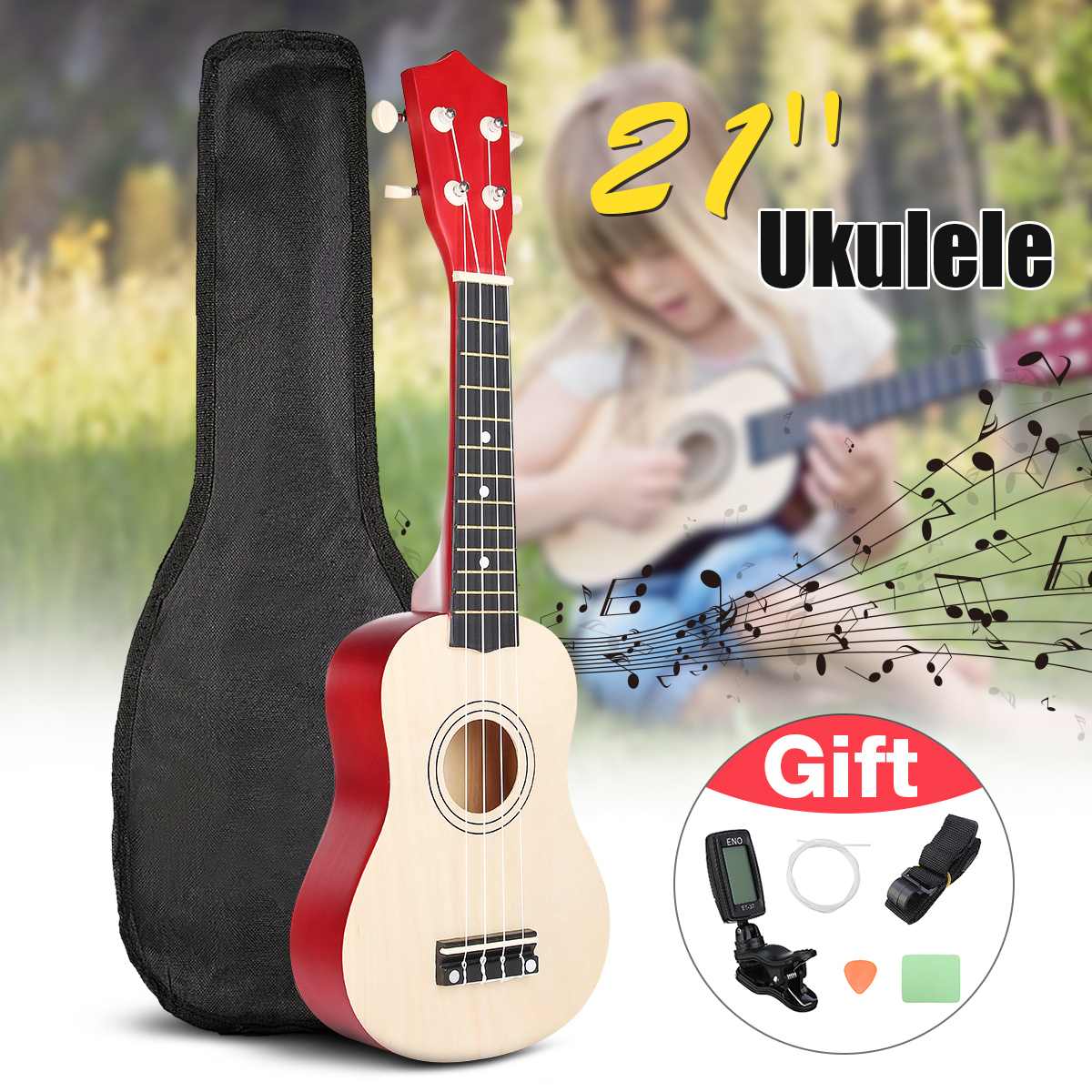 Ukulele Combo 21 Ukulele Black Soprano 4 Strings Uke Hawaii Bass Stringed Musical Instrument Set Kits+Tuner+String+Strap+Bag - AKLOT