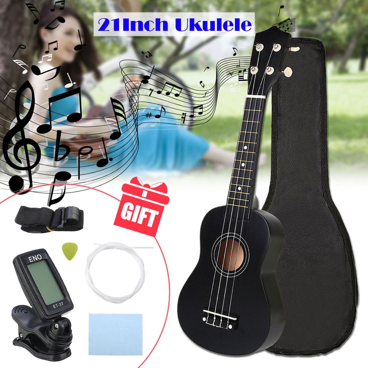 Ukulele Combo 21 Ukulele Black Soprano 4 Strings Uke Hawaii Bass Stringed Musical Instrument Set Kits+Tuner+String+Strap+Bag - AKLOT