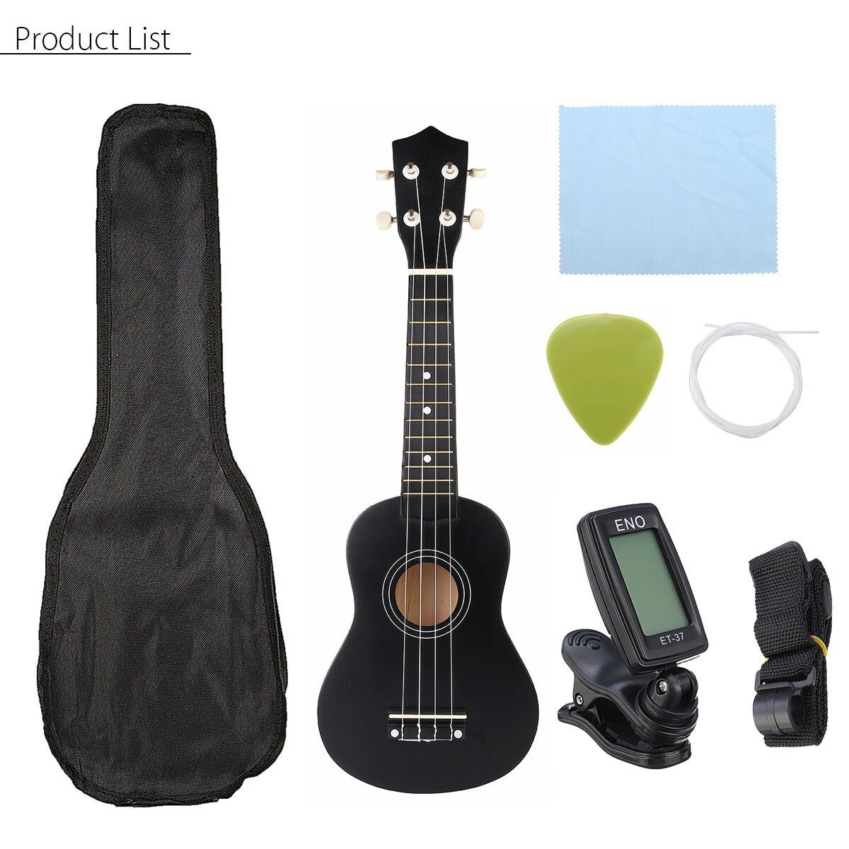 Ukulele Combo 21 Ukulele Black Soprano 4 Strings Uke Hawaii Bass Stringed Musical Instrument Set Kits+Tuner+String+Strap+Bag - AKLOT