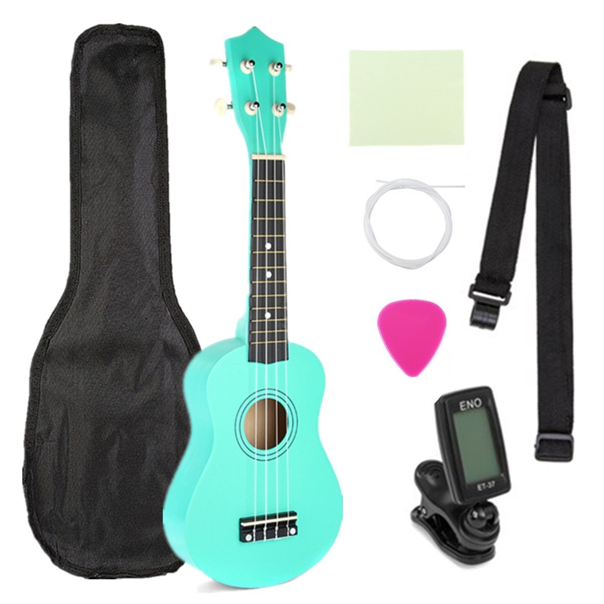 Ukulele Combo 21 Ukulele Black Soprano 4 Strings Uke Hawaii Bass Stringed Musical Instrument Set Kits+Tuner+String+Strap+Bag - AKLOT