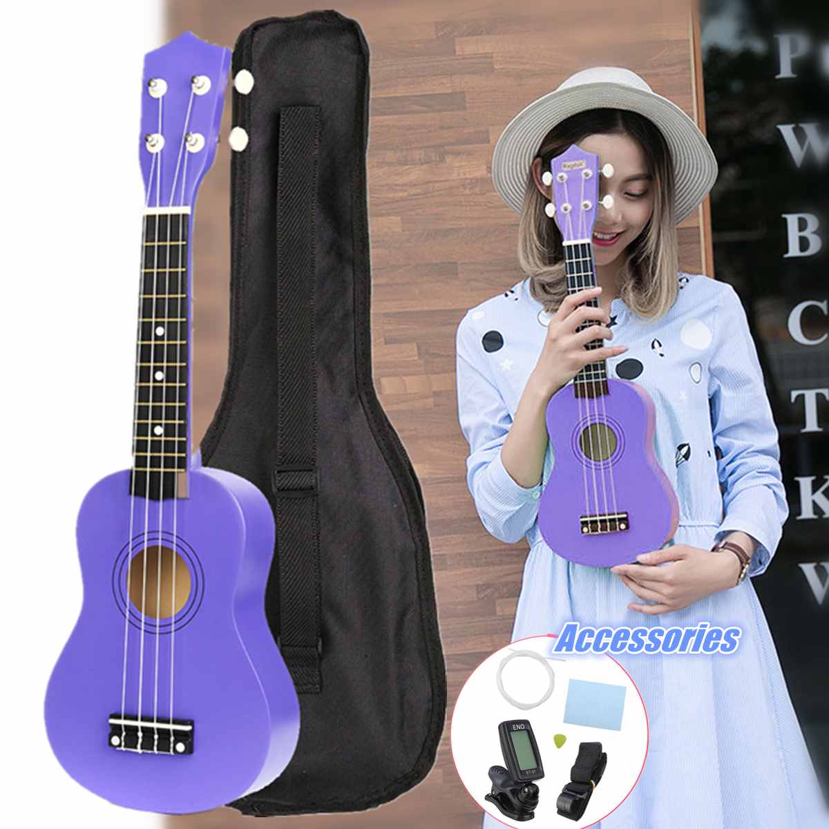 Ukulele Combo 21 Ukulele Black Soprano 4 Strings Uke Hawaii Bass Stringed Musical Instrument Set Kits+Tuner+String+Strap+Bag - AKLOT